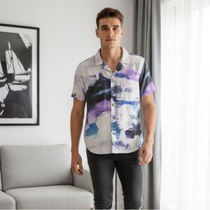 EUC Open Edit Mens Watercolor Purple Blue Button Down Short Sleeve Blouse - M